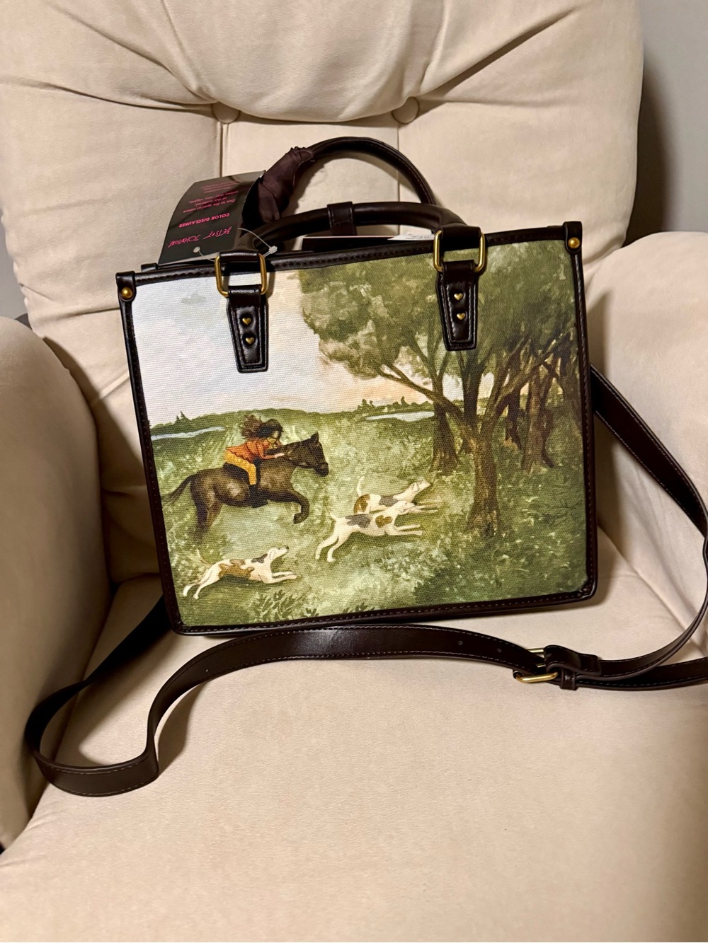 Betsy Johnson Cowgirl Scenic Print Leather Tote Bag with Brown Trim - Picture 2 of 2